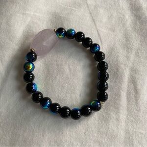 Black and Iridescent Beaded Bracelet Handmade Stretchy Crystal Pink Rose Quartz